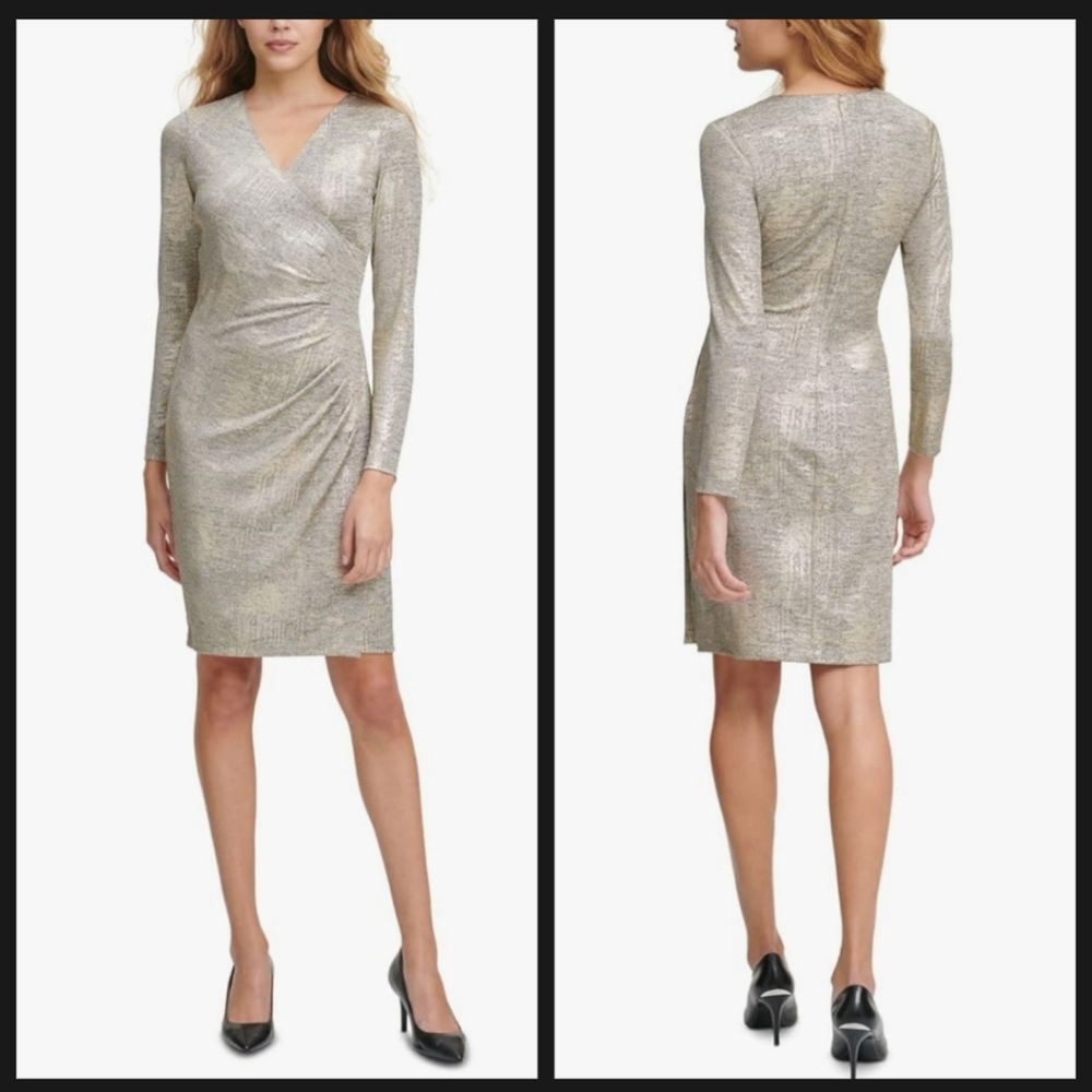 Calvin Klein Metallic Short Sheath Dress Gold